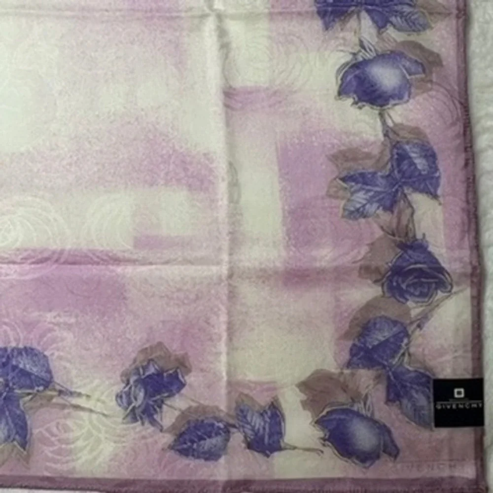 Vtg GIVENCHY Scarf Handkerchief Floral Rose Purple 19.5